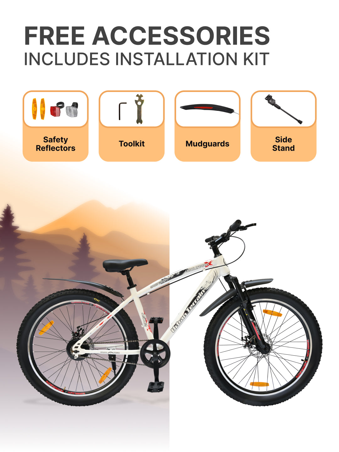 Bolt Pro Mountain Bike Steel Single Speed 27.5 inch Tyre with Dual Disc Brakes, Front Suspension, Double Wall Alloy Rim, White