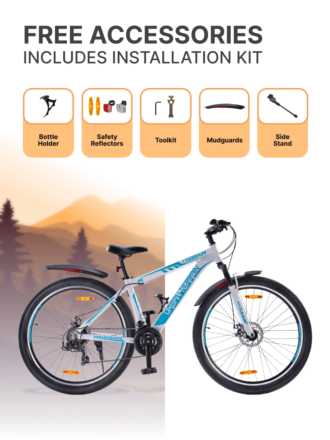 UT6000A29 Mountain Bike Alloy 21 Speed Cycle Shimano Gear 29 inch Tyre, White With Front Suspension, Double Wall Rim And Dual Disc Brake, Ideal For 5.6 ft & above