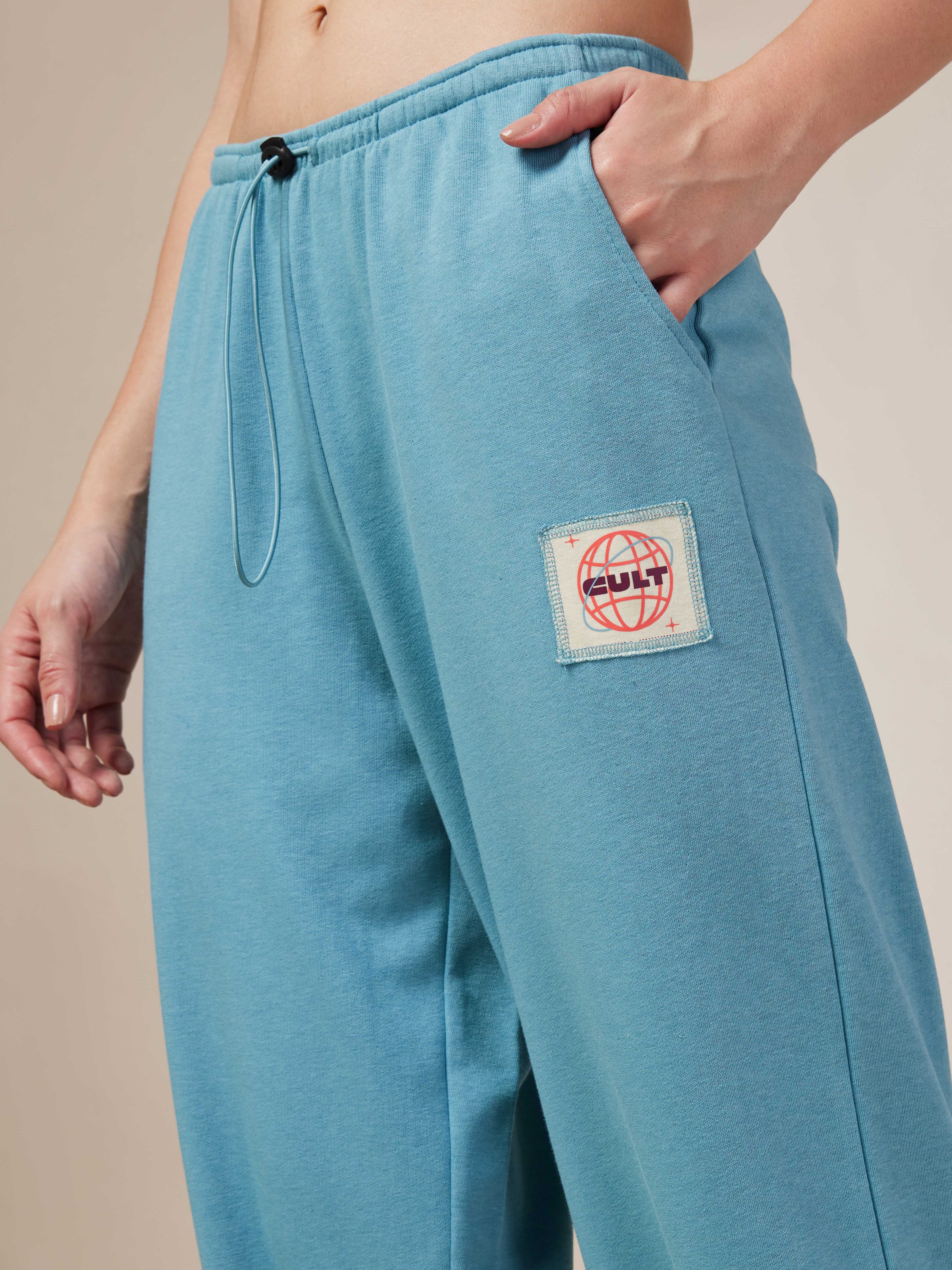 Women's Blue Cult Printed Patch Baggy Joggers