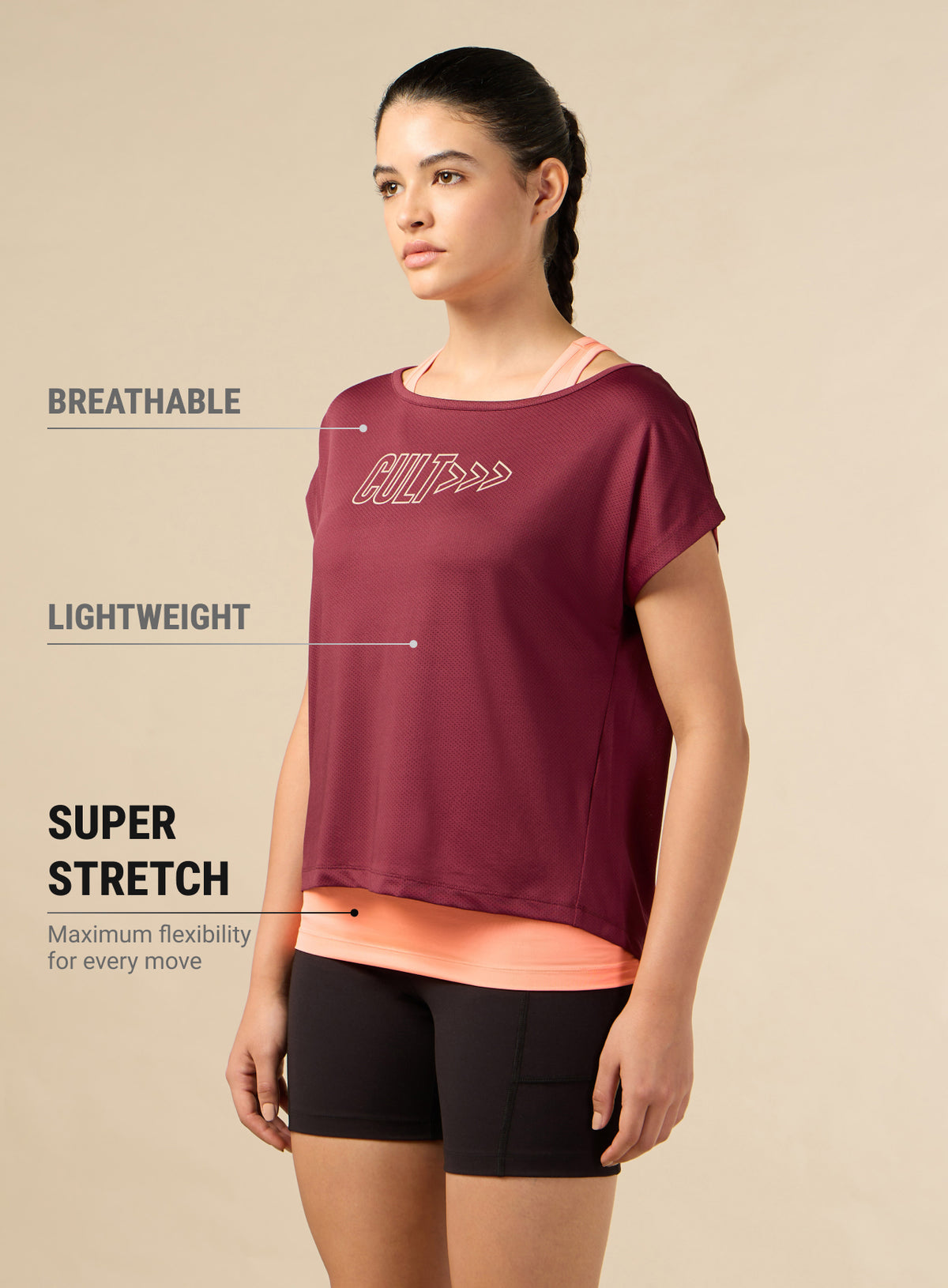 Women's 2in1 Layered Performance Maroon T-shirt