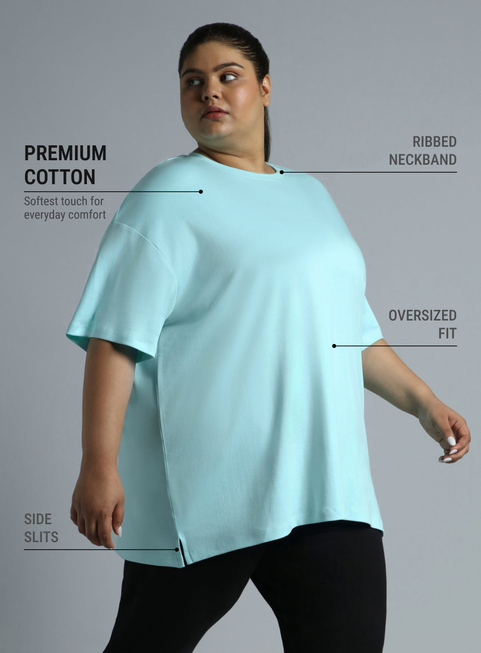 Women's Sky Blue Cotton Plus Size Everyday Oversized Fit T-shirt