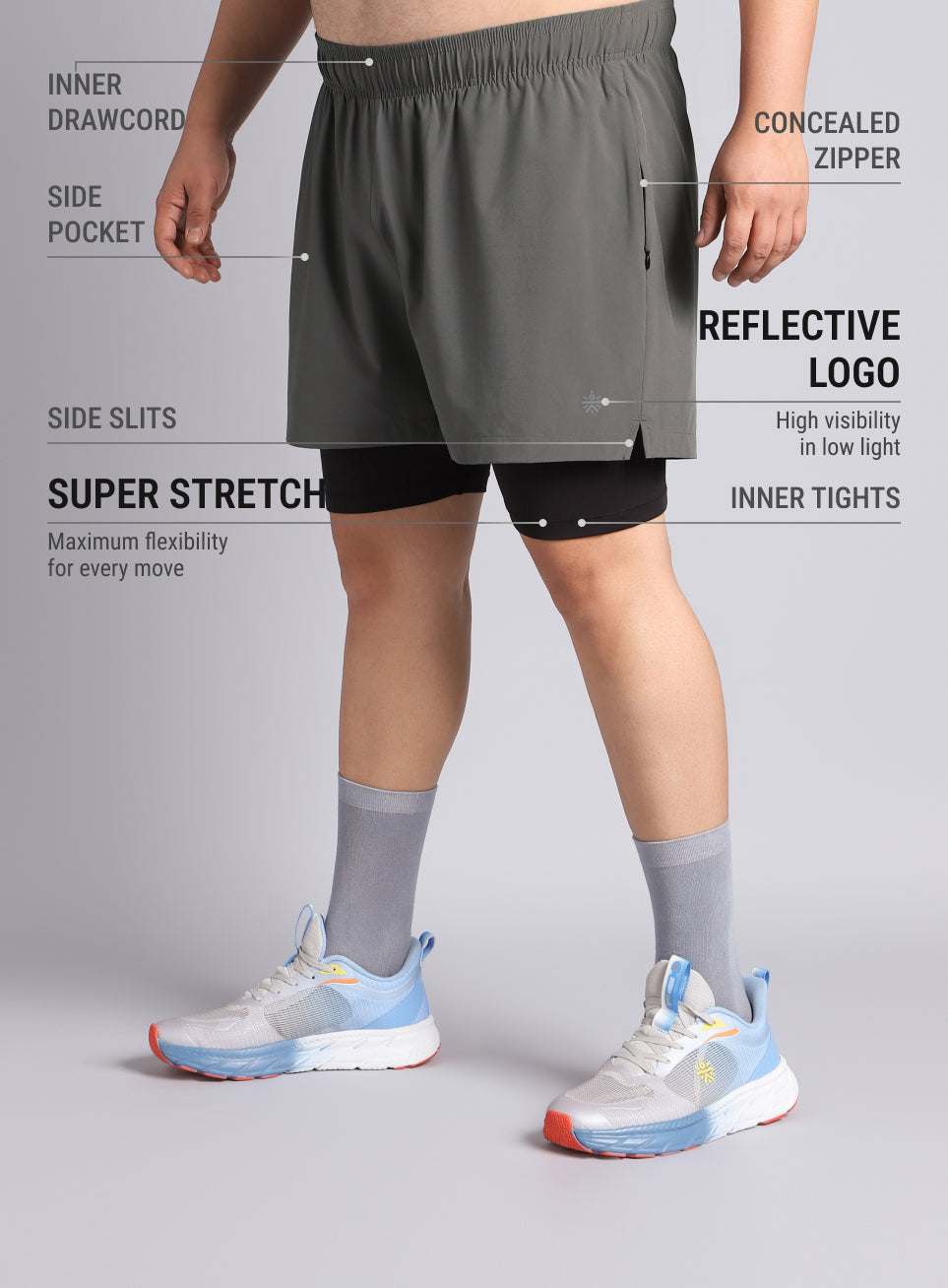 Men's Dark Grey Running Plus Size In-Built Shorts