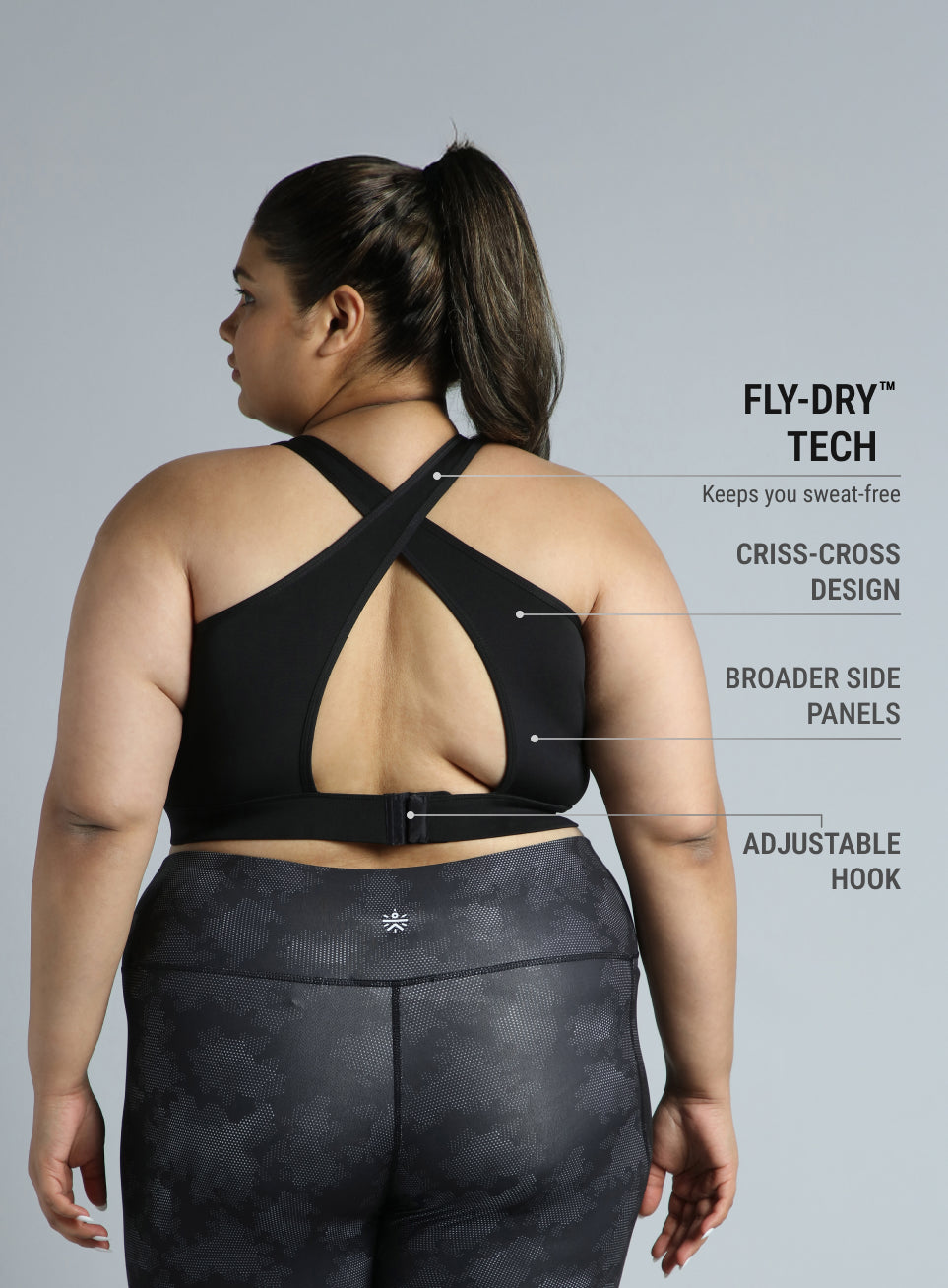 Women's Black Cross Back Hook Training High Support Plus Size Sports Bra
