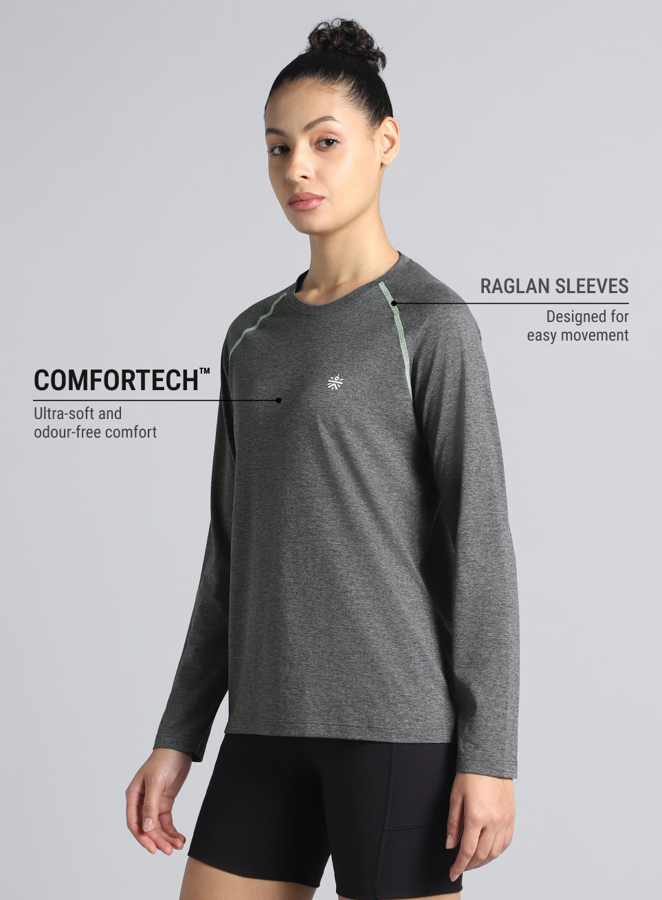 Women's Dark Grey Active Day COMFORtech_x0099_ Full Sleeve T-shirt