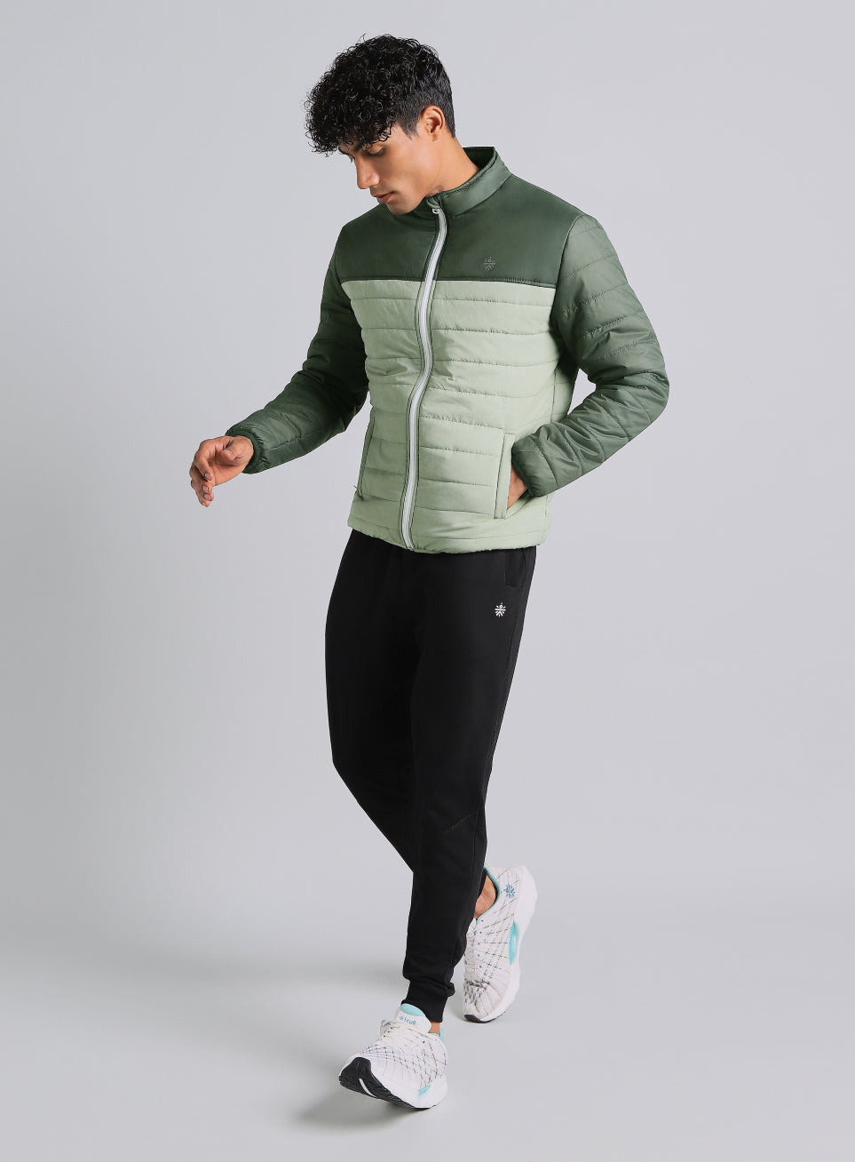 Men's Dark Green Colourblock Puffer Jacket