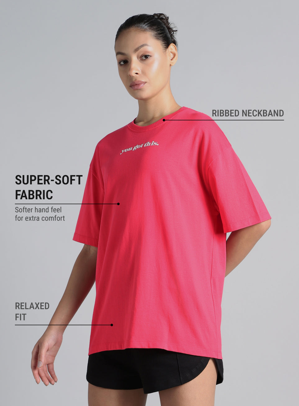 Women's Pink You Got This Puff Print Peach Oversized T-shirt