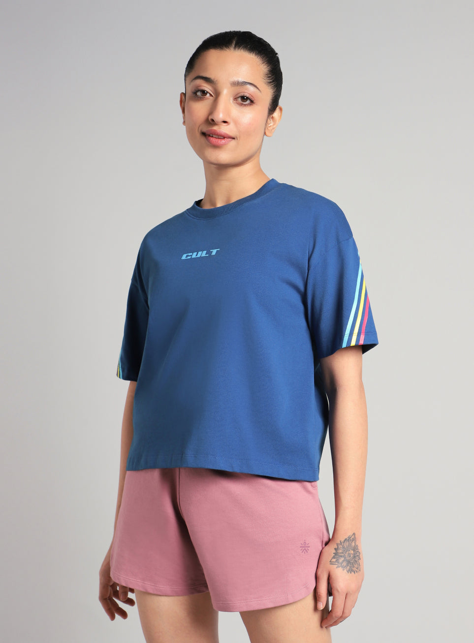 Women's Blue Cult Vibe Stripes Boxy Fit T-shirt