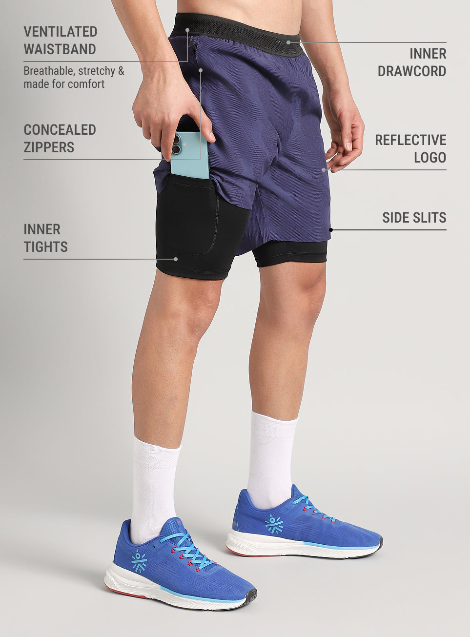 Men's Blue Urban Camo Shorts with Inbuilt Tights