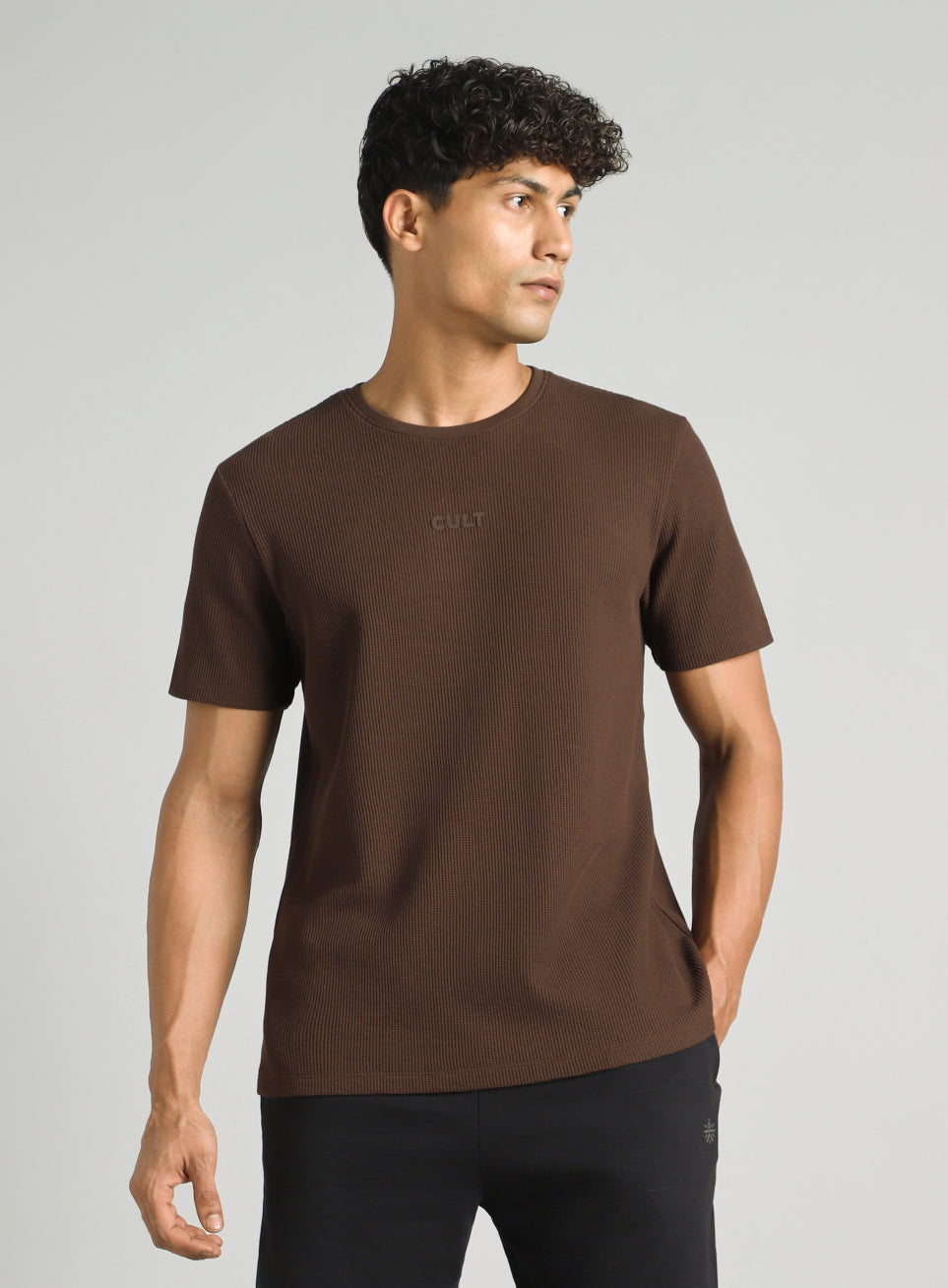 Men's Brown Essential Oversized Fit Waffle T-shirt