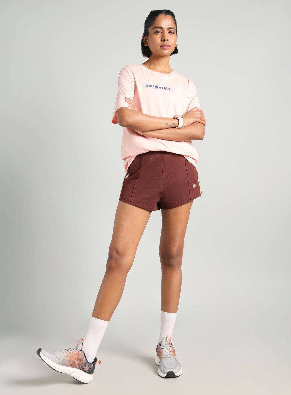 Women's Brown Contrast Power Tape Shorts