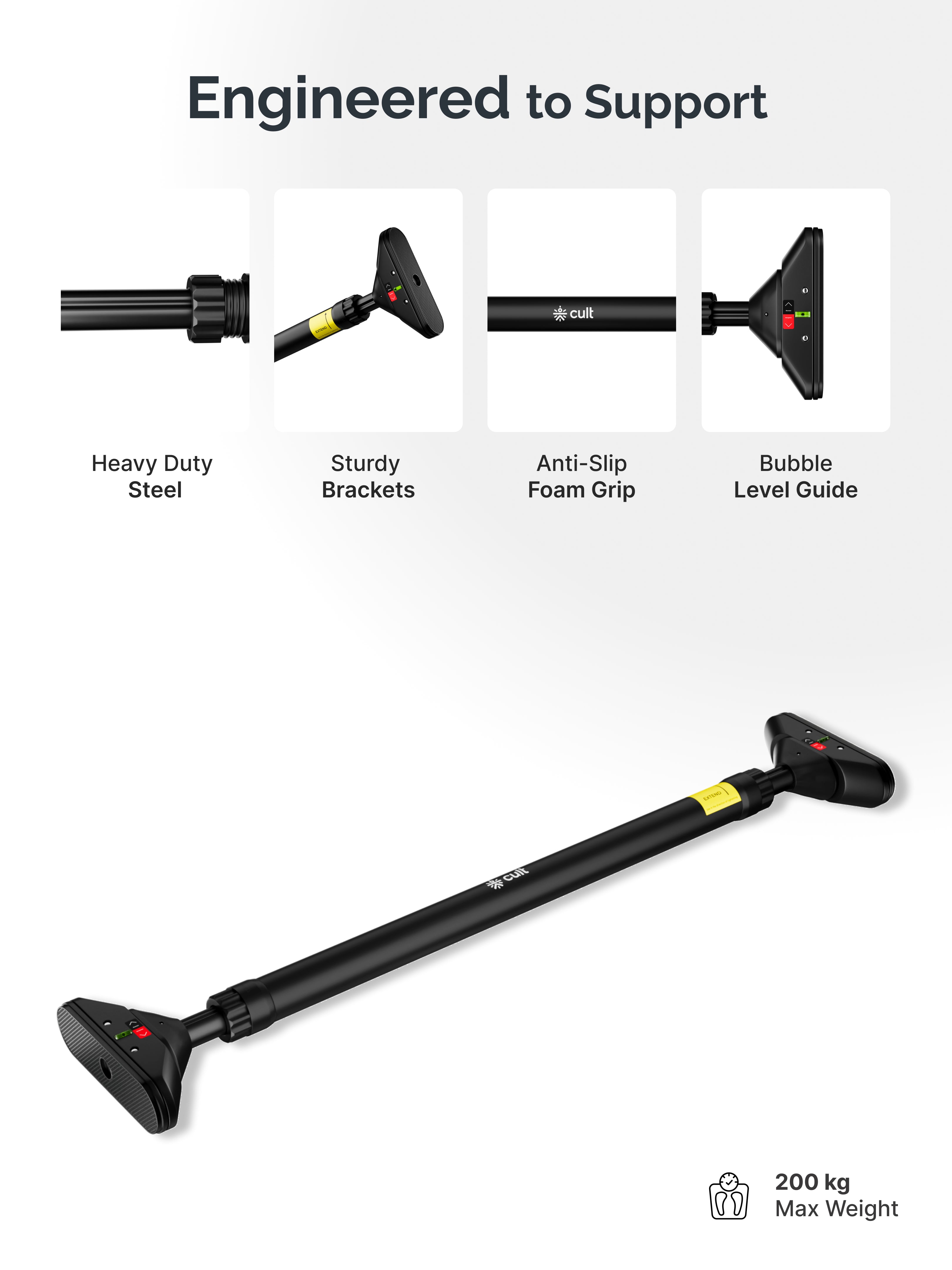 Cult Adjustable Pull-Up Bar for Doorway | Heavy-Duty Steel | Multi-Grip Home Gym Bar for Pull Ups, Chin Ups & Core Workout | Weight capacity upto 200 kg