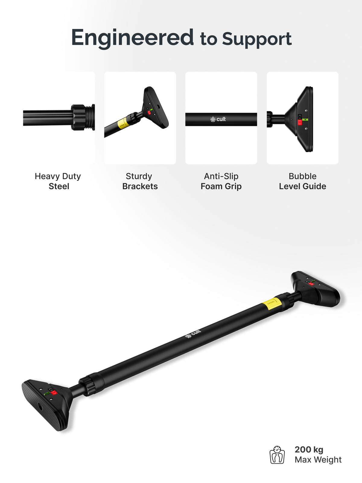 Cult Adjustable Pull-Up Bar for Doorway | Heavy-Duty Steel | Multi-Grip Home Gym Bar for Pull Ups, Chin Ups & Core Workout | Weight capacity upto 200 kg