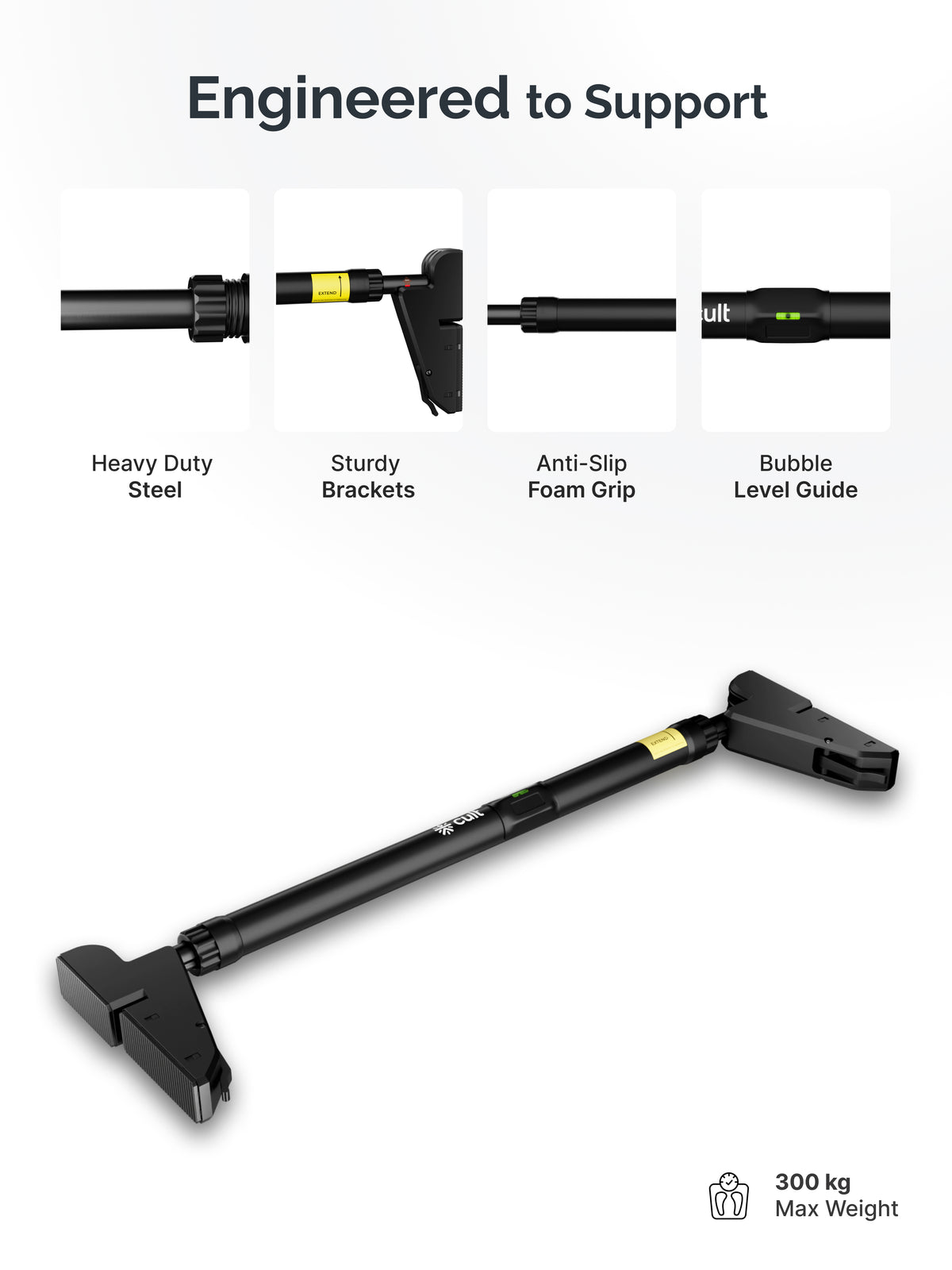 Cult Adjustable Pull-Up Bar for Doorway | Heavy-Duty Steel | Multi-Grip Home Gym Bar for Pull Ups, Chin Ups & Core Workout | Weight Capacity upto 300kg