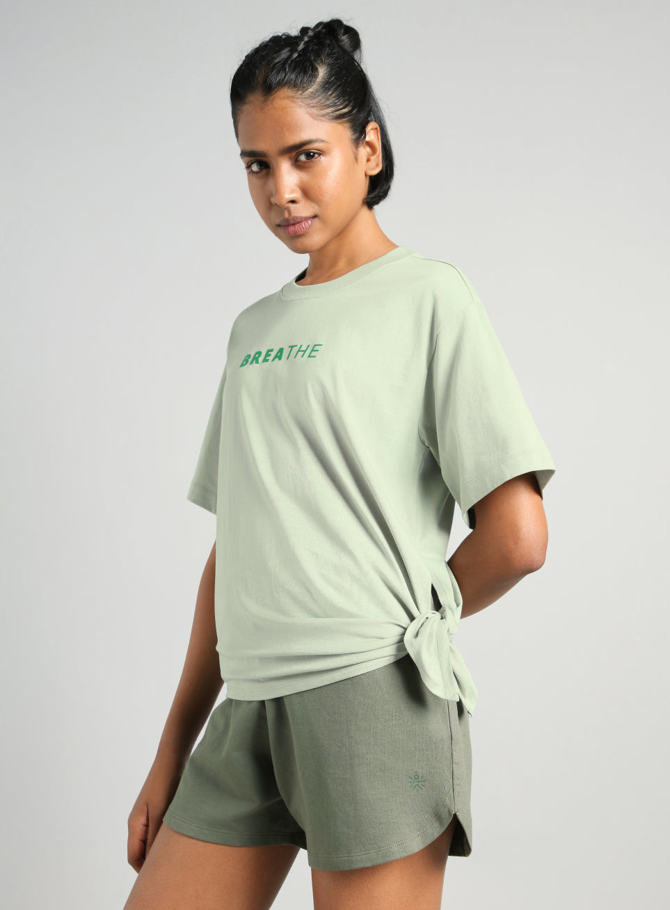 Women's Green Flow Side Tie Up Relaxed fit T-shirt