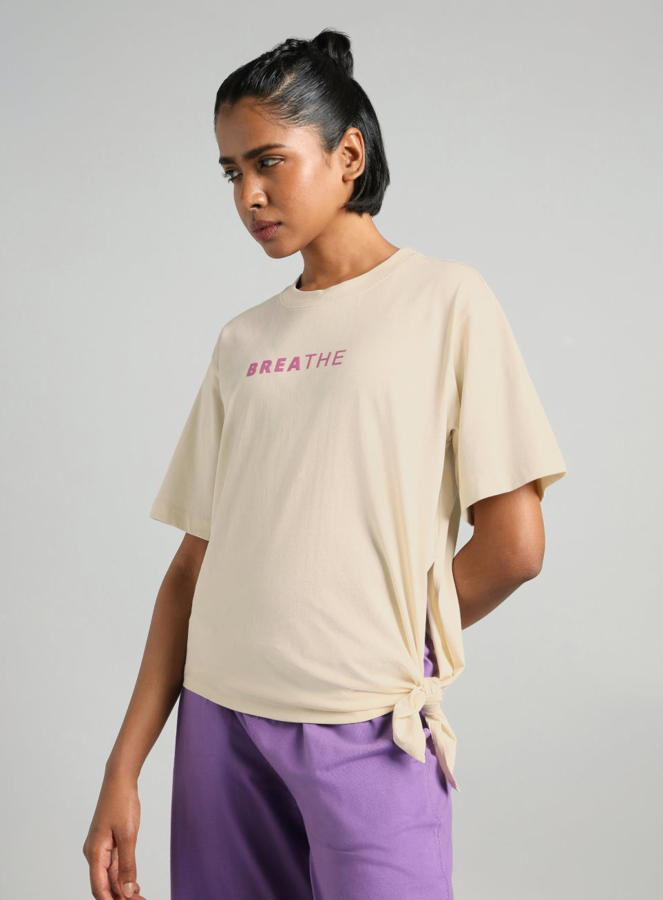 Women's Off White Flow Side Tie Up Relaxed fit T-shirt