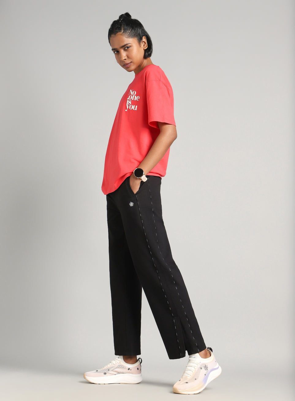 Women's Black Panelled Straight Fit Trackpants