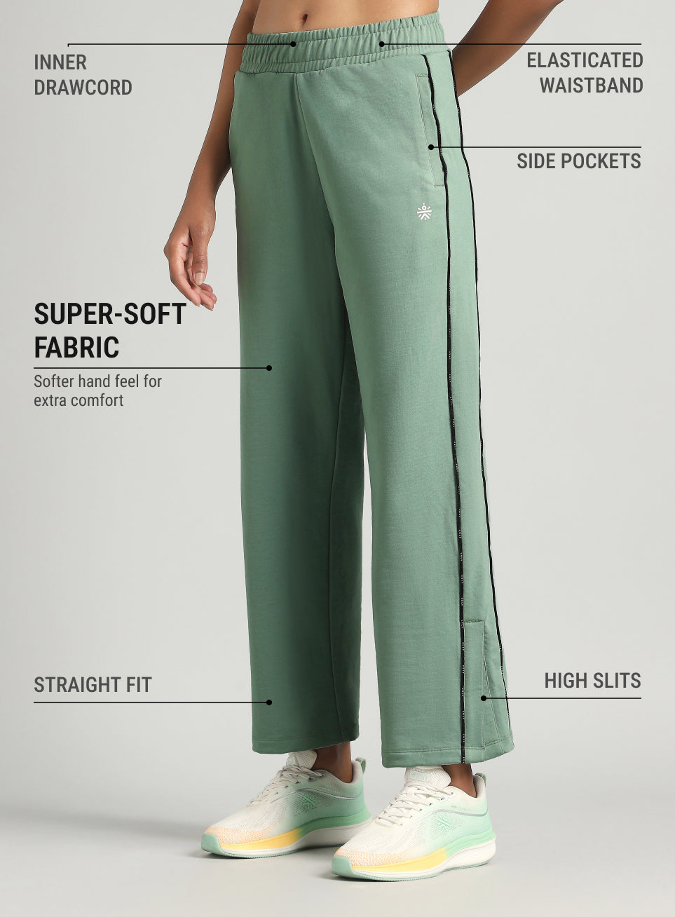 Women's Green Panelled Straight Fit Trackpants