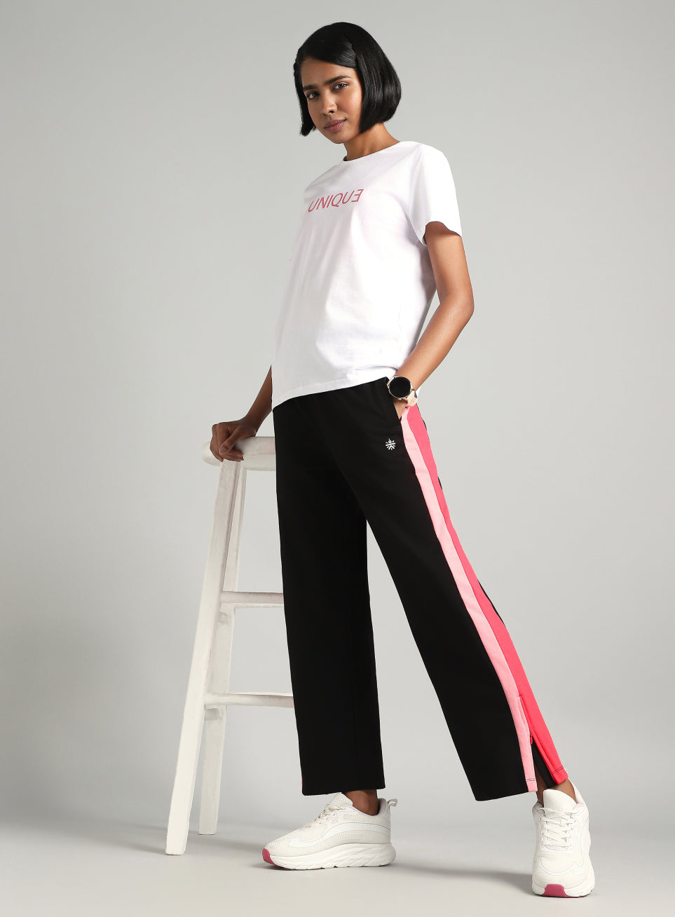 Women's Black Zip Bottom Flare Straight Fit Trackpants