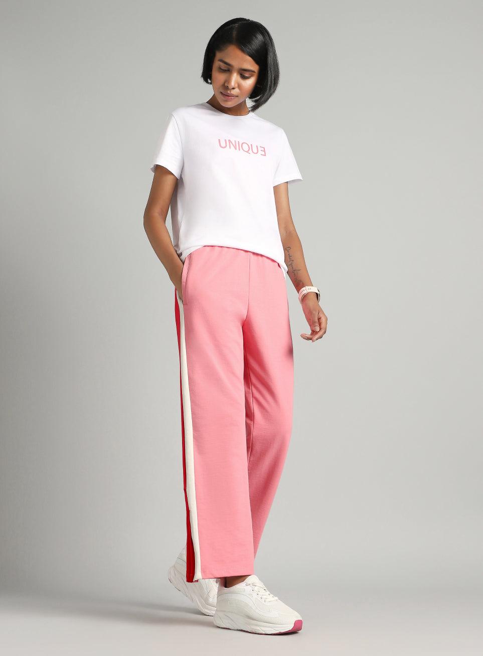 Women's Pink Zip Bottom Flare Straight Fit Trackpants