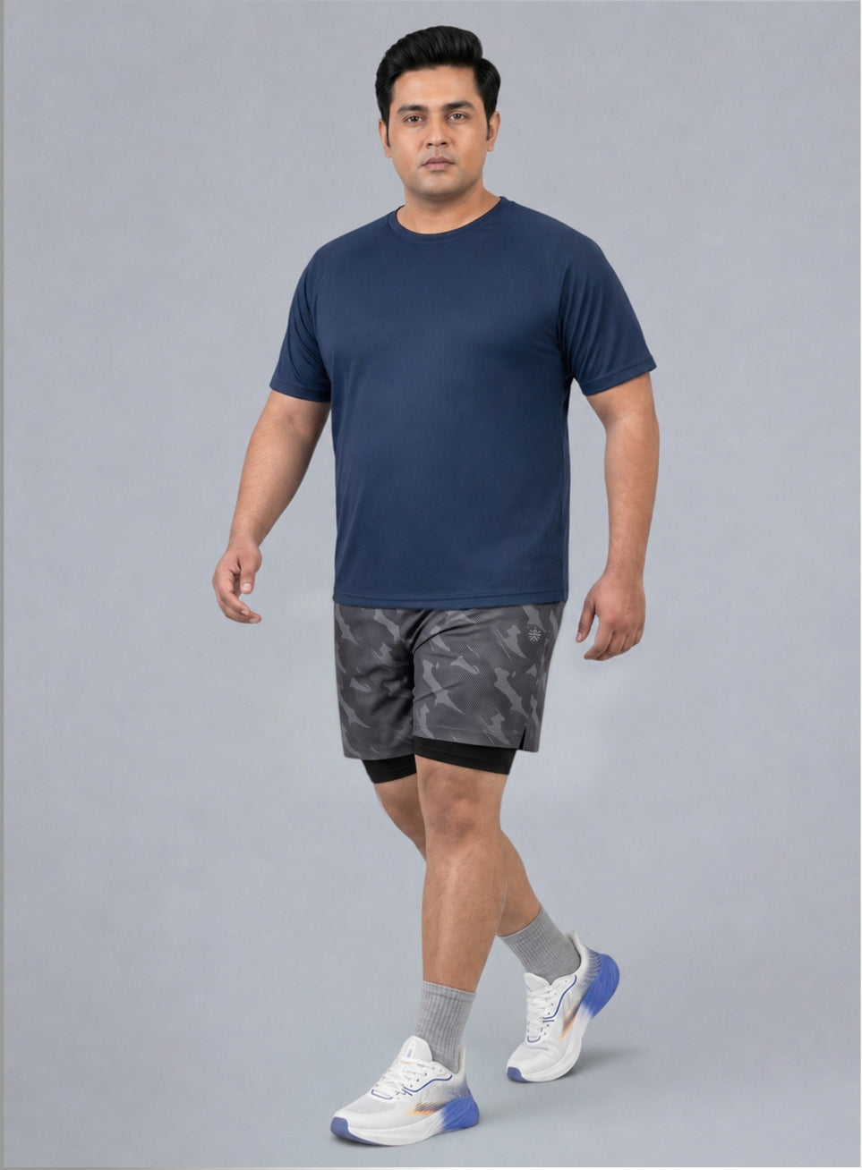 Men's Grey Urban Camo Plus Size Shorts with In-Buit Tights