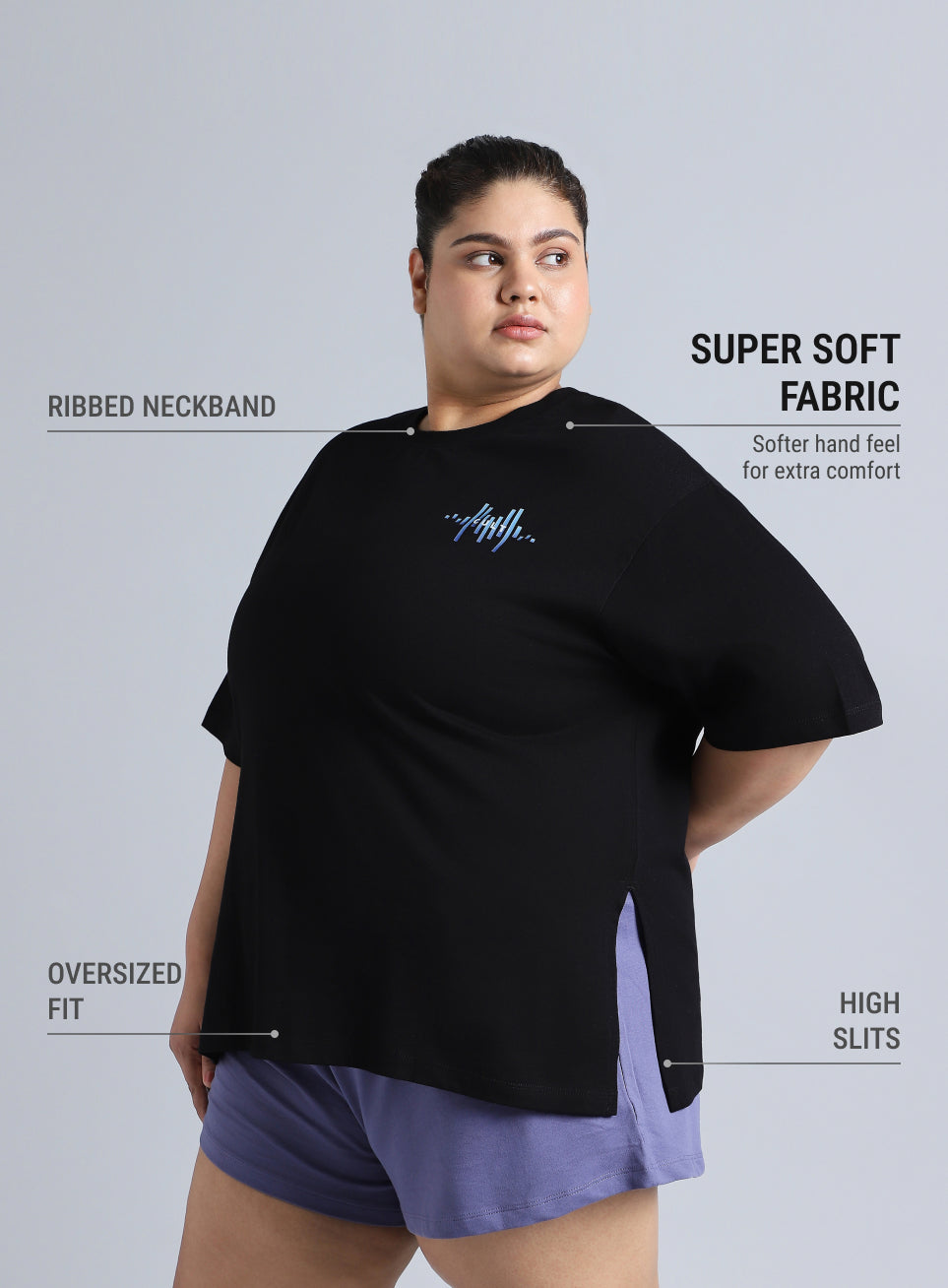 Women's Black Printed Oversized Fit Plus Size T-shirt
