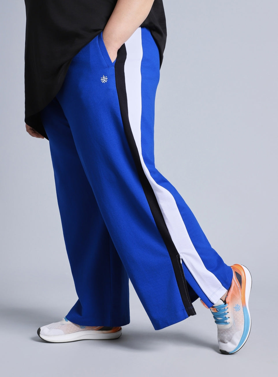 Women's Blue High Slit Straight Fit Plus Size Trackpants