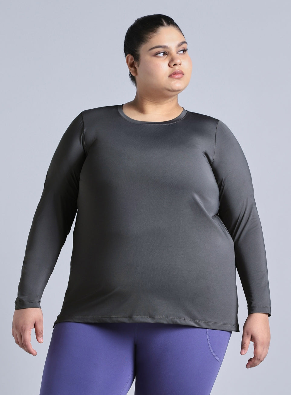 Women's Grey Full Sleeve Plus Size Training T-shirt