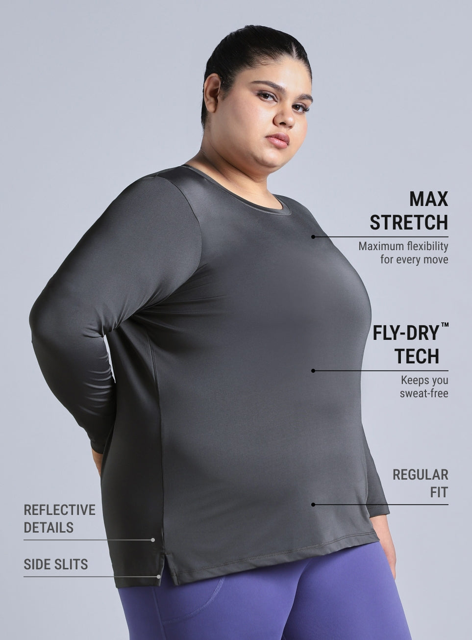 Women's Grey Full Sleeve Plus Size Training T-shirt