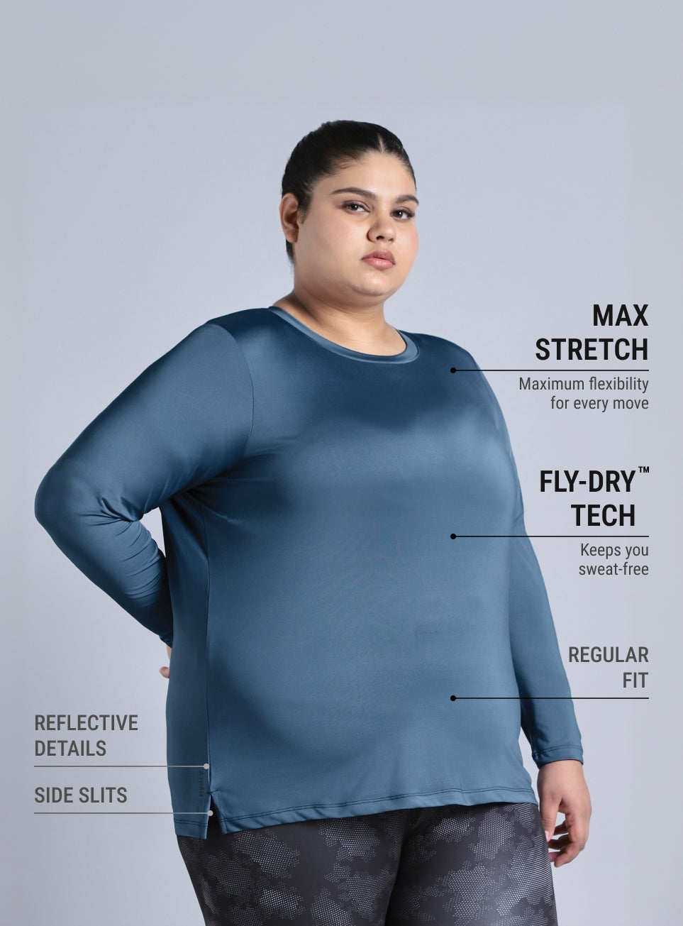 Women's Blue Full Sleeve Plus Size Training T-shirt