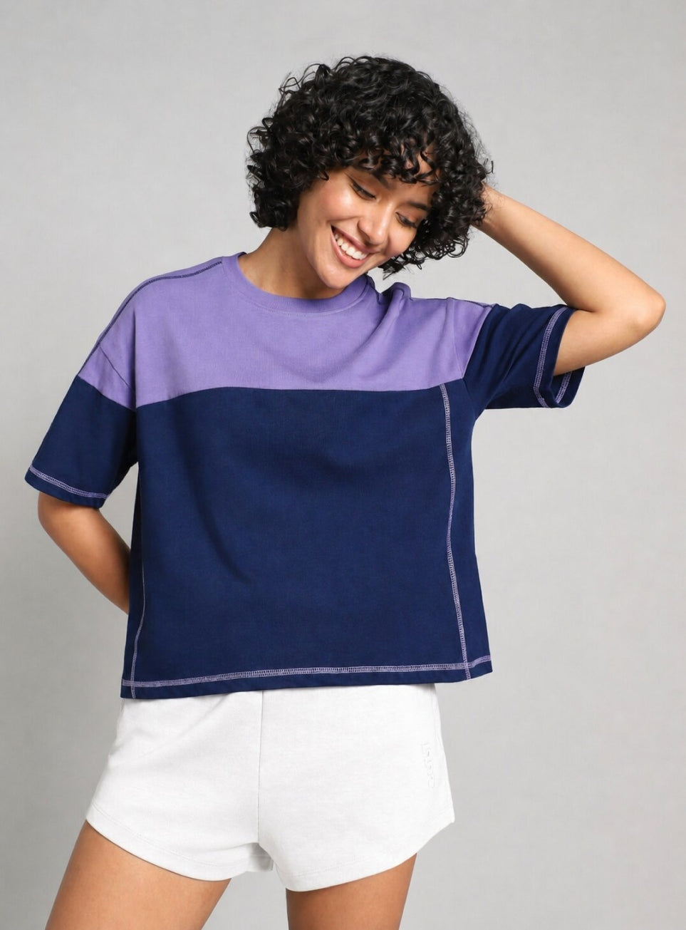 Women's Purple Colourblocked Boxy Fit T-shirt