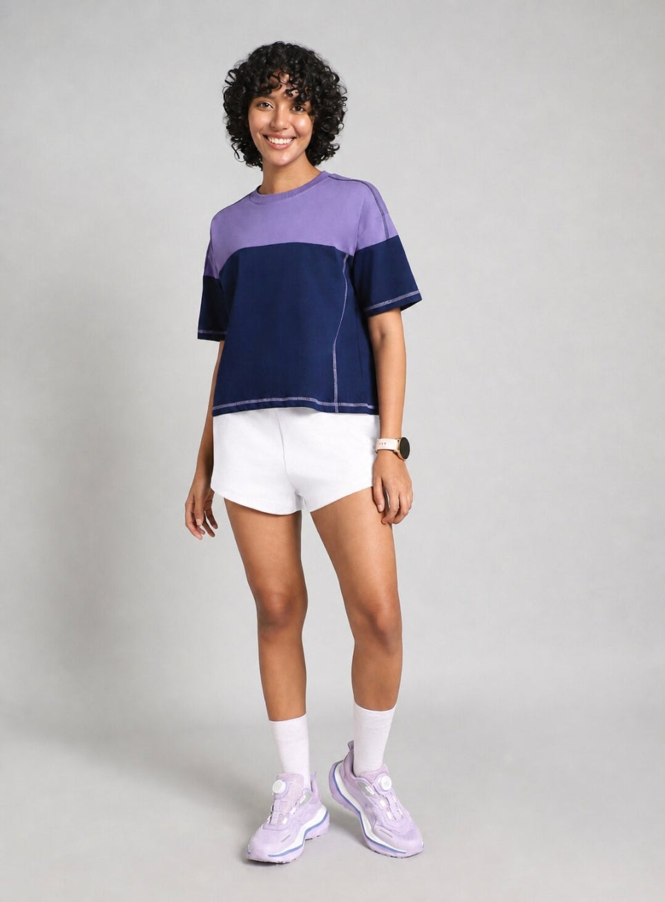 Women's Purple Colourblocked Boxy Fit T-shirt