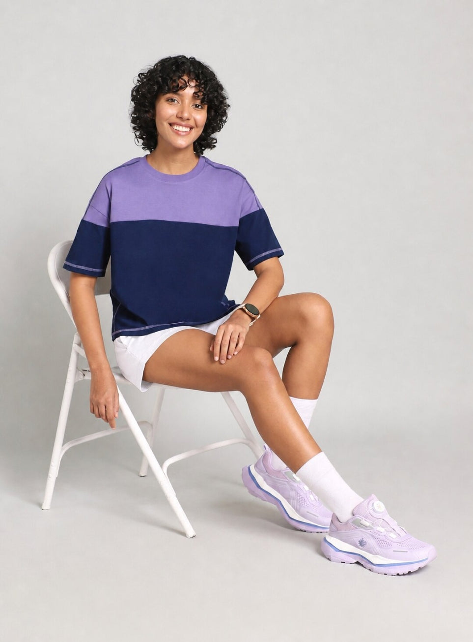 Women's Purple Colourblocked Boxy Fit T-shirt