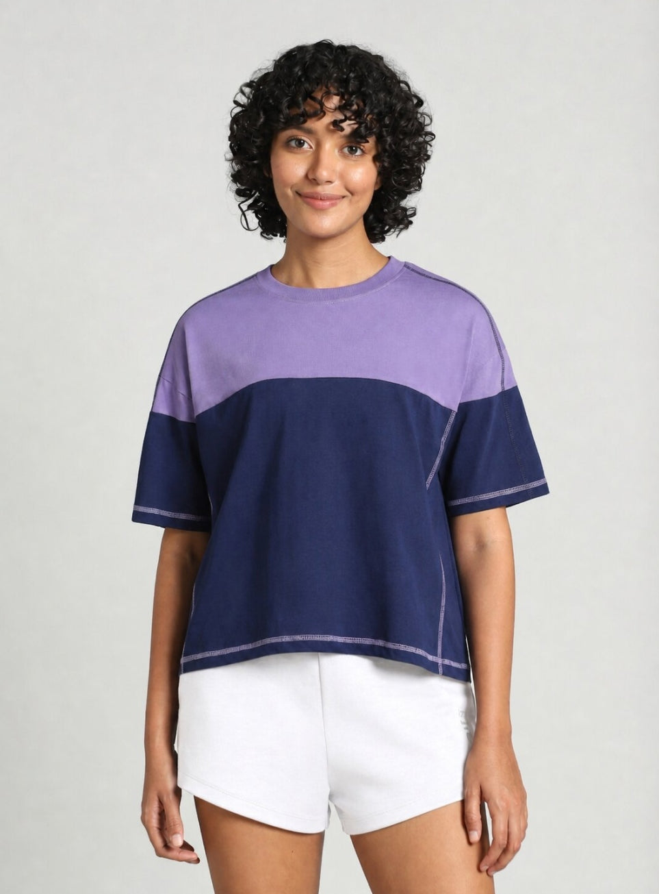 Women's Purple Colourblocked Boxy Fit T-shirt