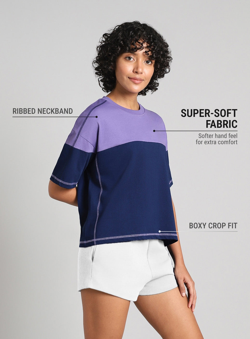 Women's Purple Colourblocked Boxy Fit T-shirt