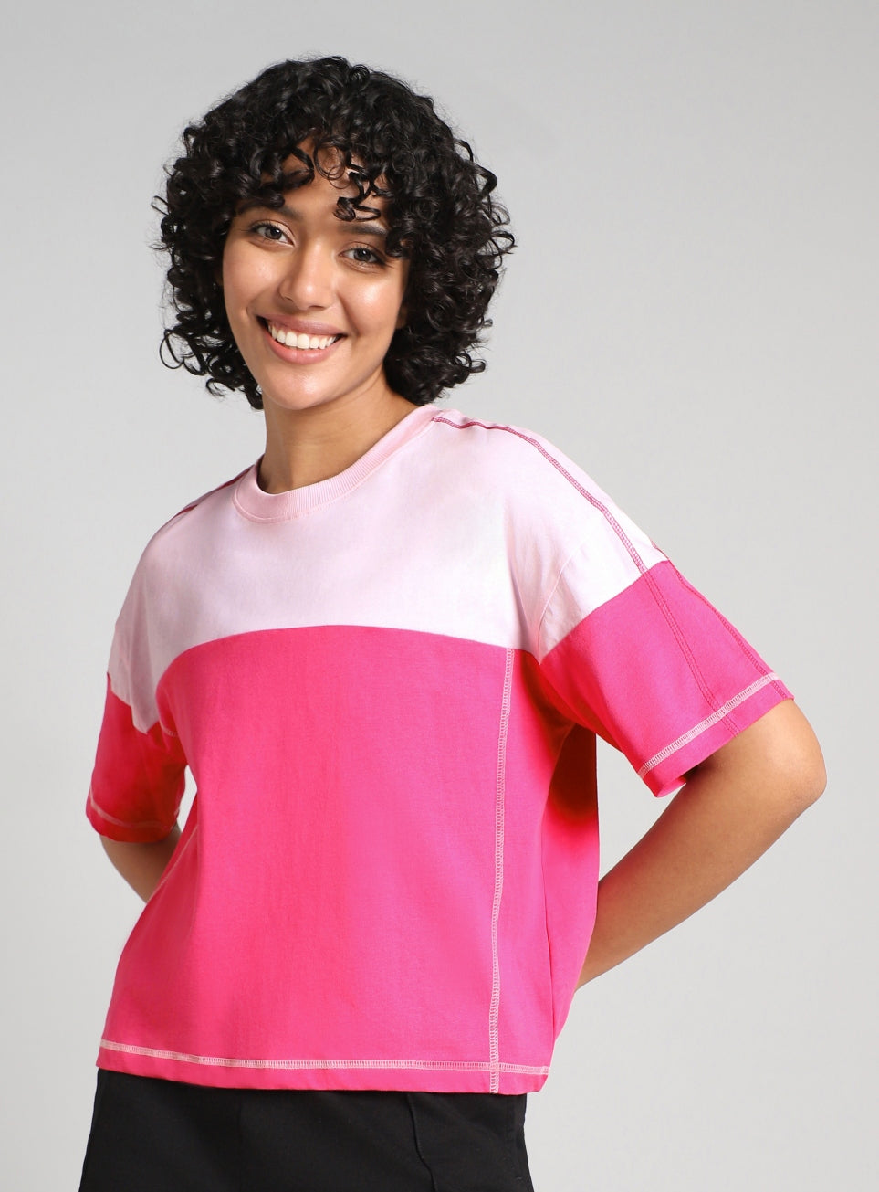 Women's Pink Colourblocked Boxy Fit T-shirt