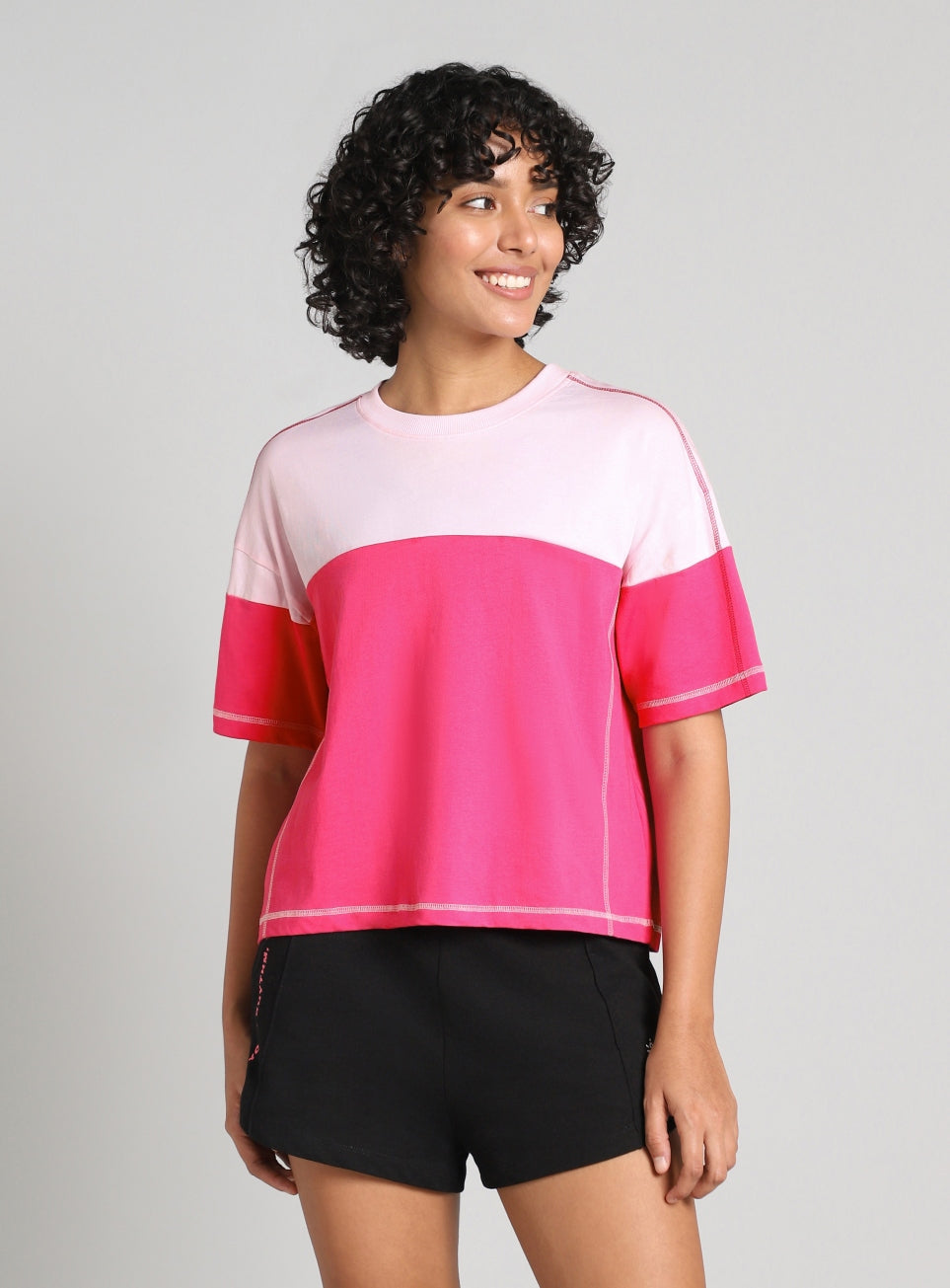 Women's Pink Colourblocked Boxy Fit T-shirt