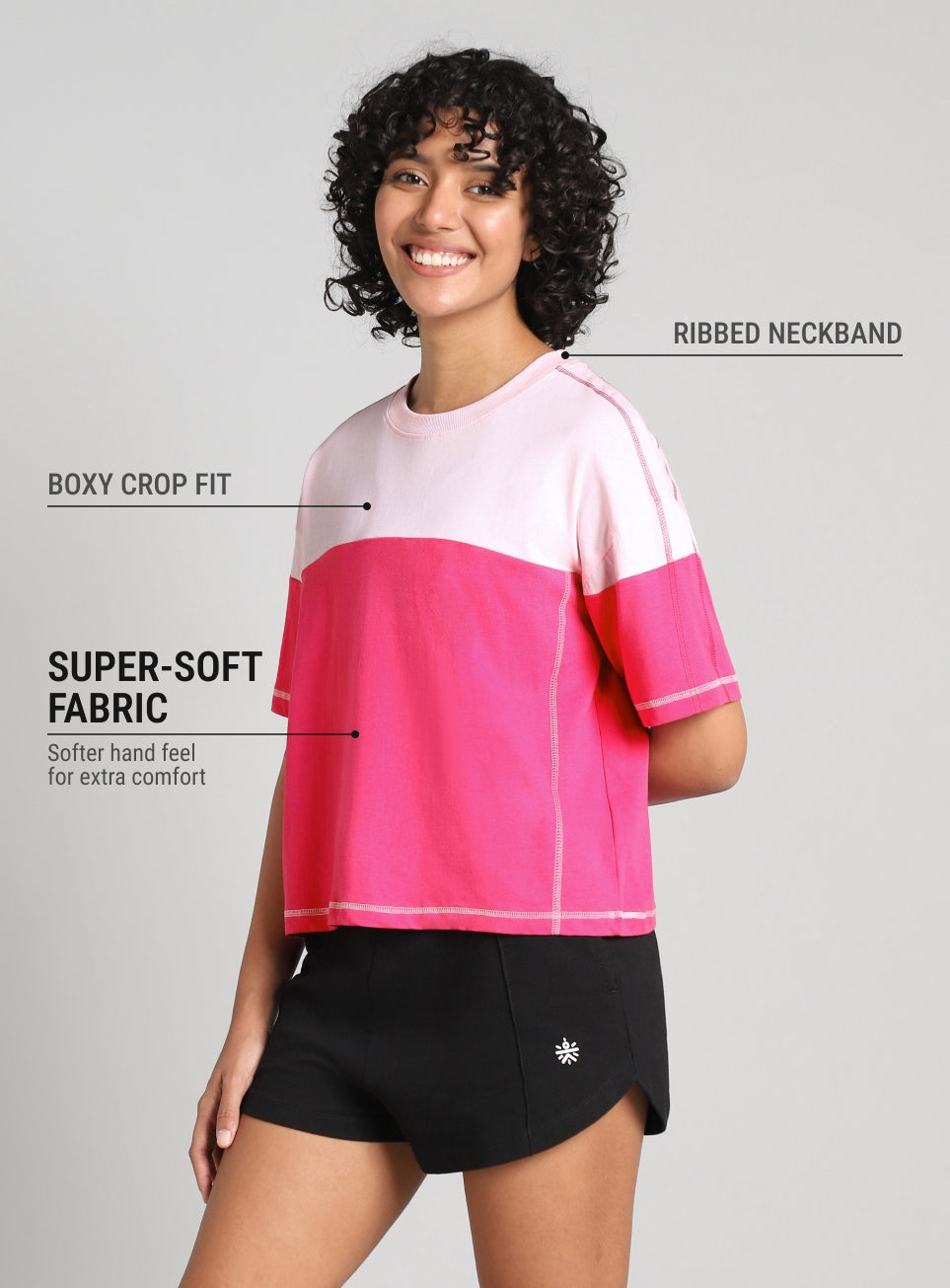 Women's Pink Colourblocked Boxy Fit T-shirt