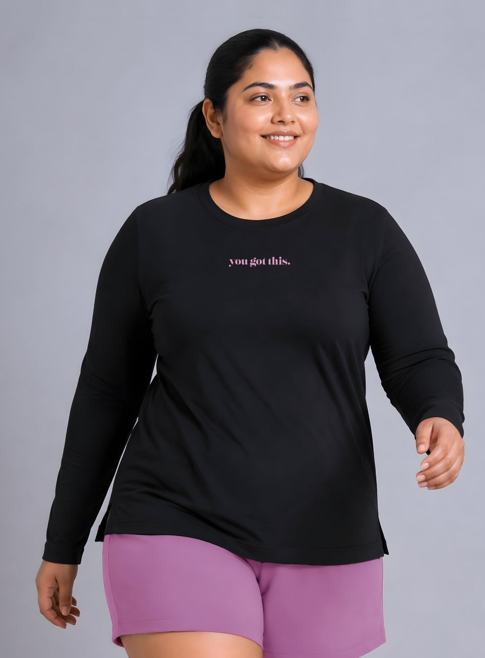 Women's Black Fullsleeve Printed Plus Size T-shirt