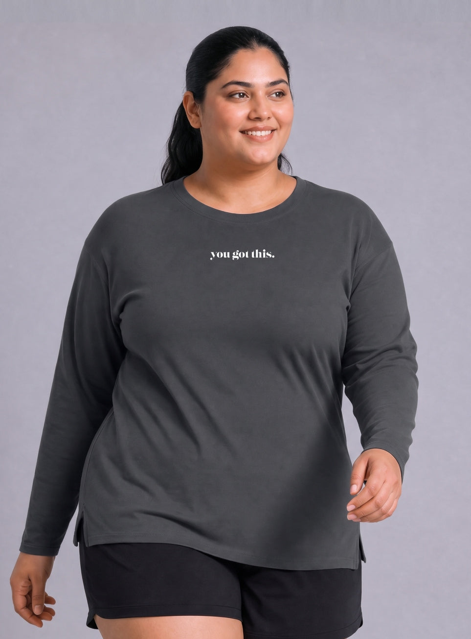 Women's Grey Fullsleeve Printed Plus Size T-shirt