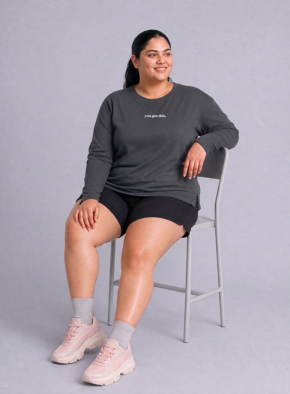 Women's Grey Fullsleeve Printed Plus Size T-shirt