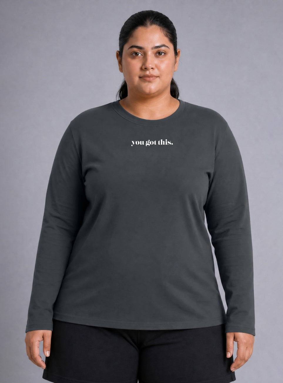 Women's Grey Fullsleeve Printed Plus Size T-shirt