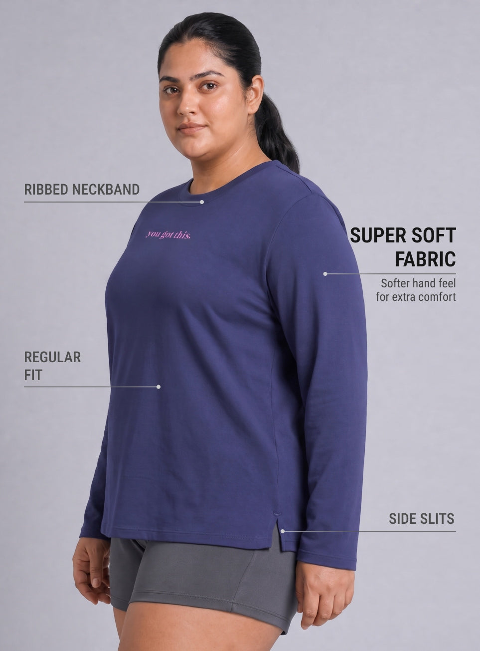 Women's Blue Fullsleeve Printed Plus Size T-shirt
