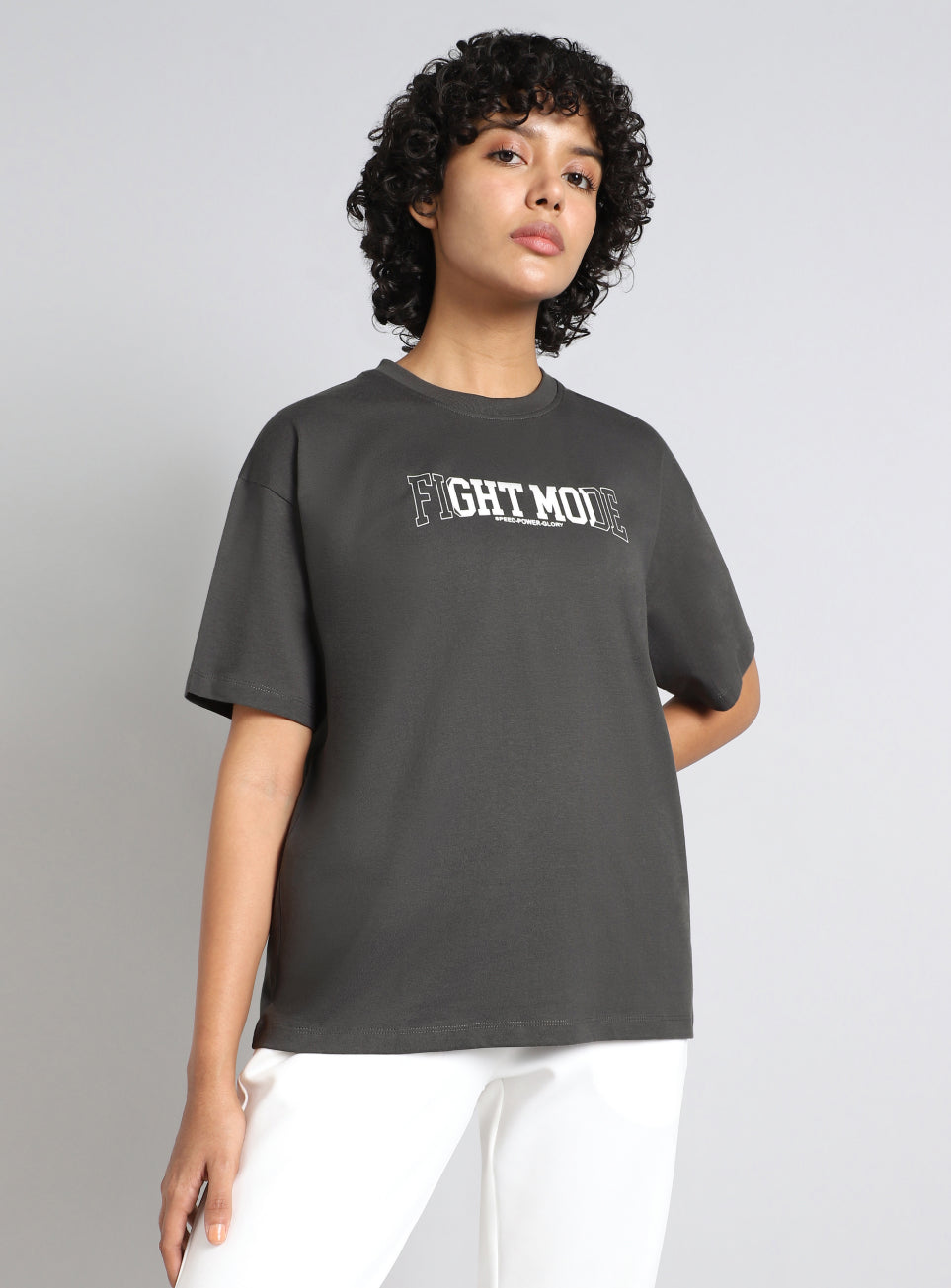 Women's Grey Fight Mode Combat Training Oversized T-shirt