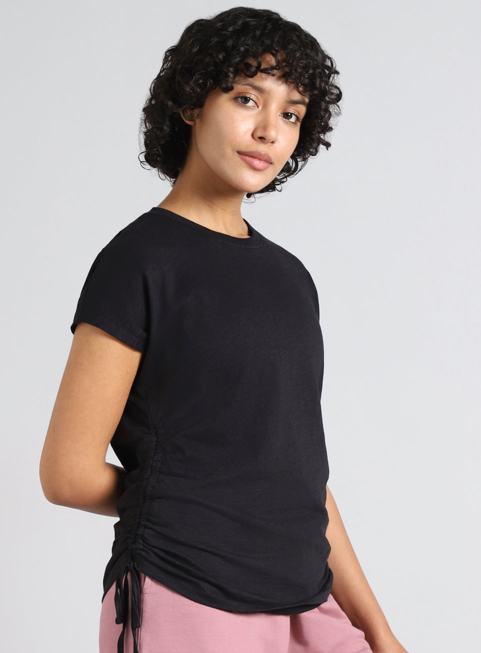 Women's Black Side Ruching Flow T-shirt