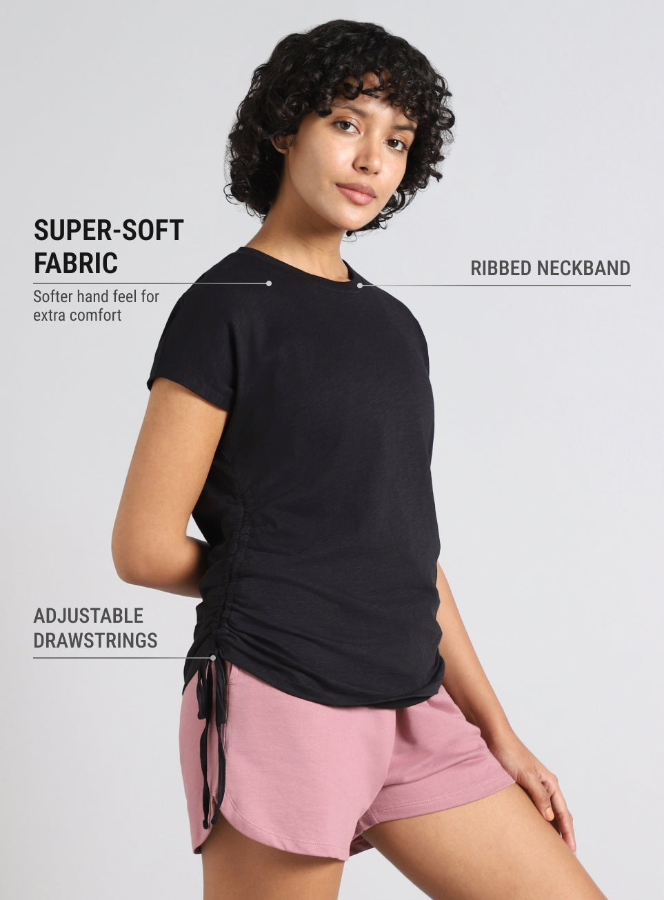 Women's Black Side Ruching Flow T-shirt