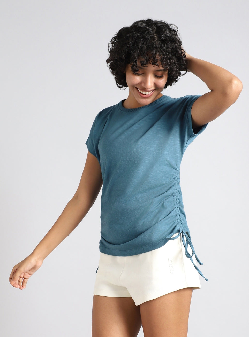 Women's Blue Side Ruching Flow T-shirt