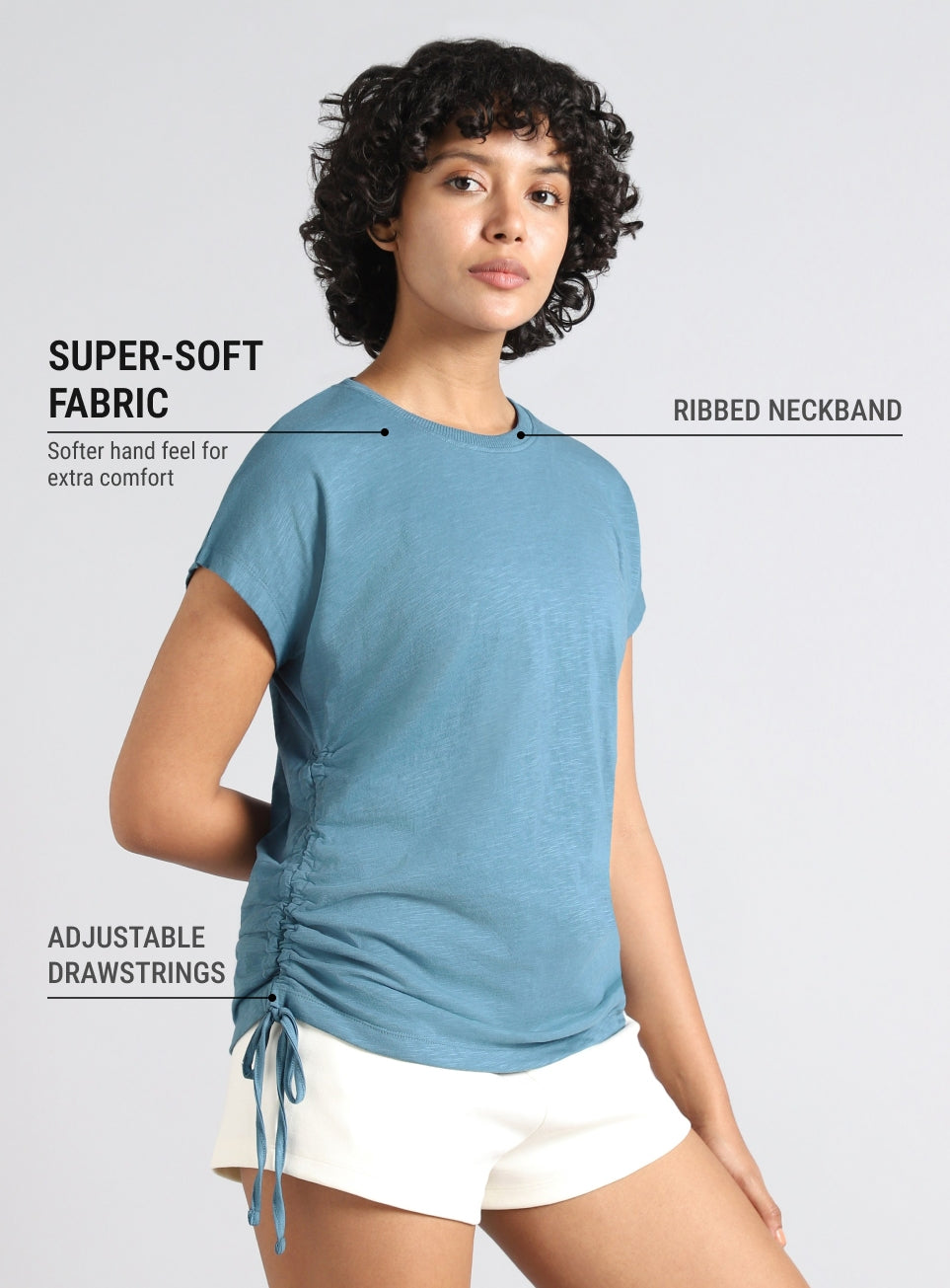 Women's Blue Side Ruching Flow T-shirt