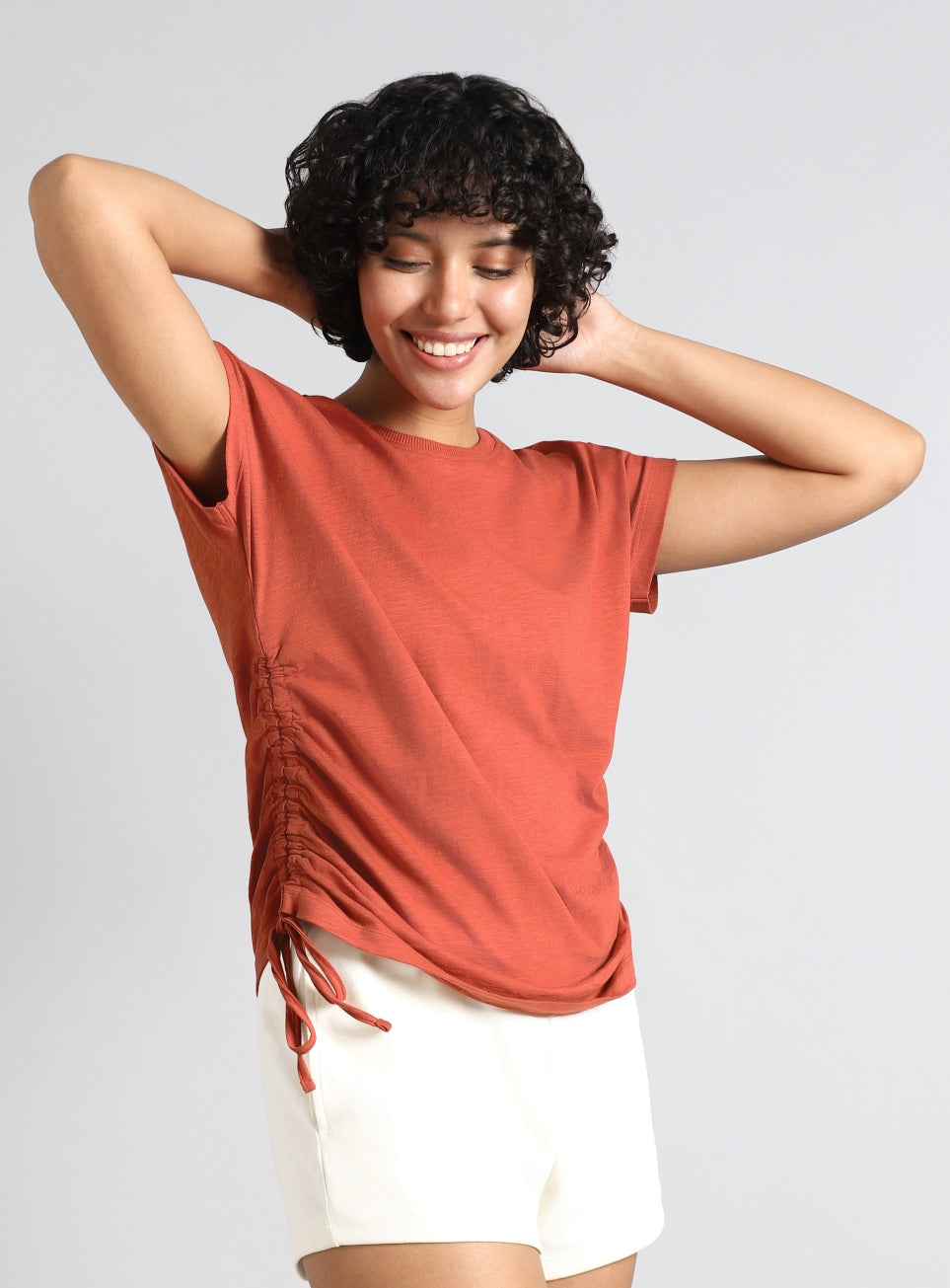 Women's Orange Side Ruching Flow T-shirt