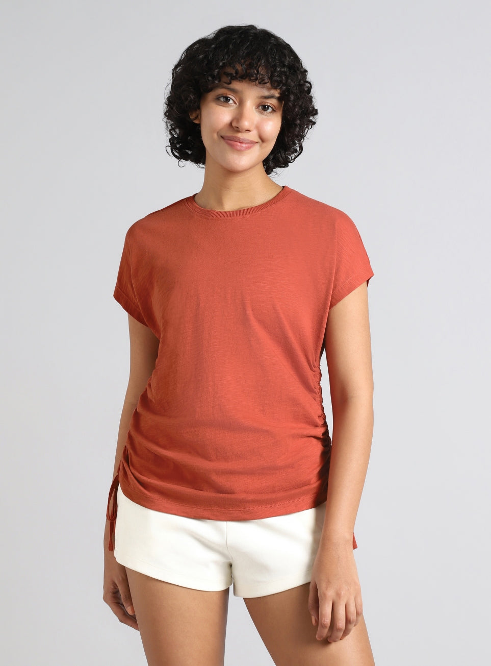 Women's Orange Side Ruching Flow T-shirt