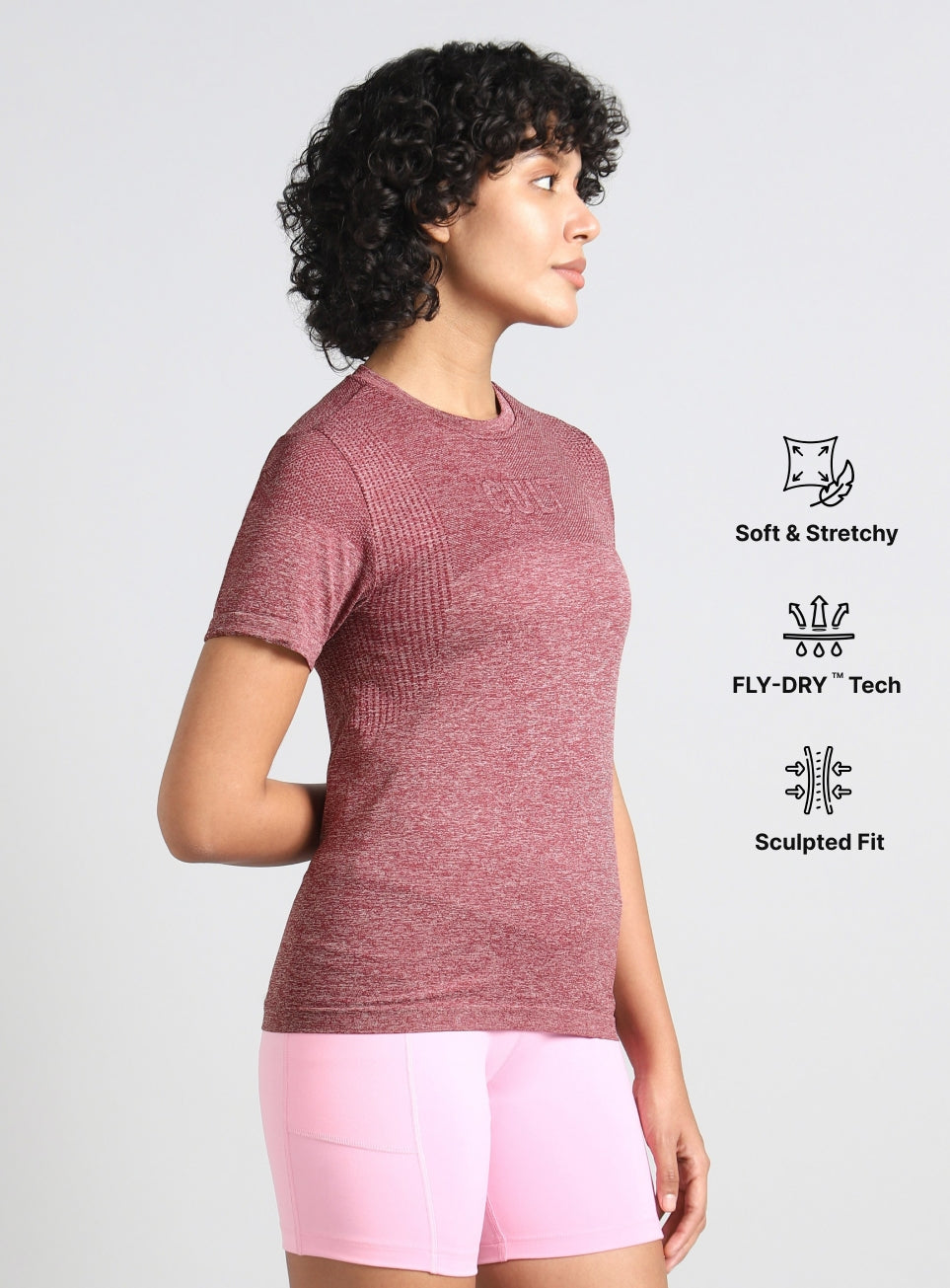 Women's Maroon Contour Training Slim Fit Seamless T-shirt